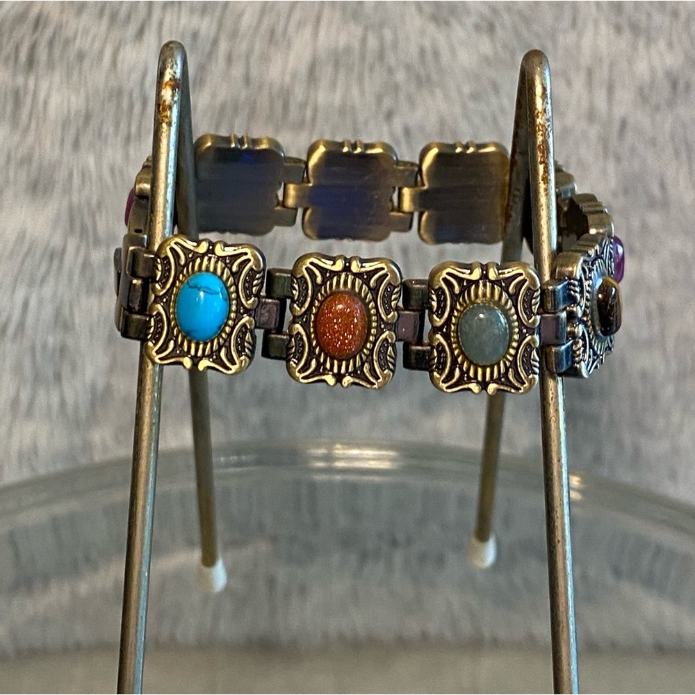 Multi Stone Link Bracelet Fold Over Clasp Bohemian Western Native Vintage